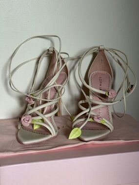 Sophia Webster Cream Lace-Up Heels with Pink Rose Accents 37.5
